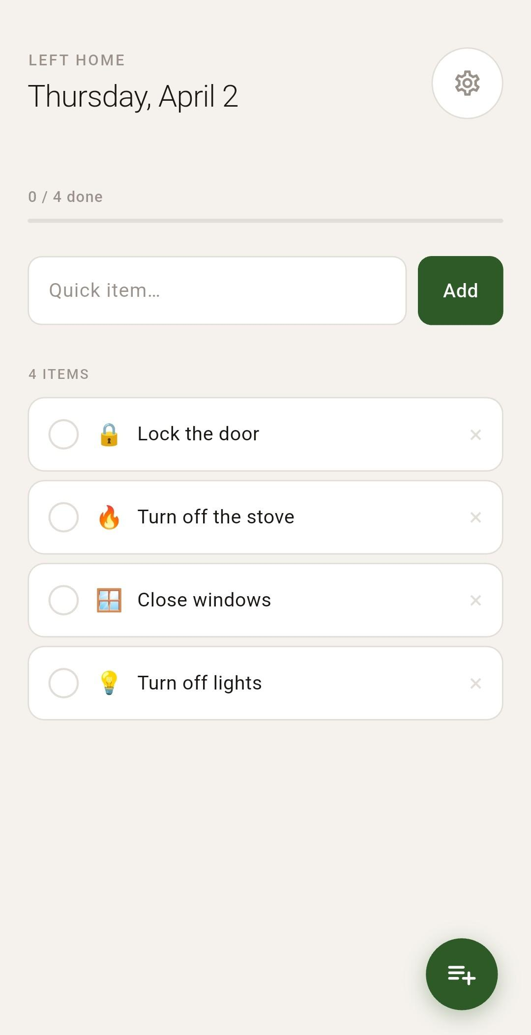 Left Home — fresh daily checklist
